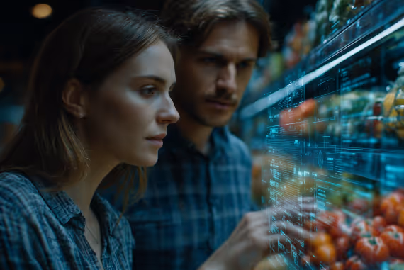 Two people in futuristic grocery store